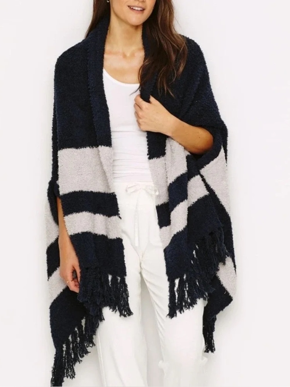 Barefoot Dreams Cozychic Malibu Wrap Indigo/Oyster Stripe OS
